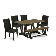 East West Furniture 6-Piece Dining Set-Black Linen Fabric Seat and High Stylish Chair Back Upholstered Dining chairs, A Rectangular Bench and Rectangular Top dining room table with Solid Wood Legs - D