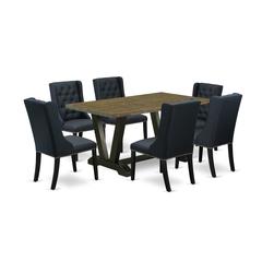 East West Furniture V676FO624-7 7 Pc Dining Set - 6 Black Linen Fabric Dining Room Chair Button Tufted with Nailheads and Distressed Jacobean Dining Table - Wire Brush Black Finish