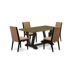 East West Furniture V676LA147-5 5-Piece Beautiful Dinette Set a Superb Distressed Jacobean Rectangular Dining Table Top and 4 Excellent Linen Fabric Padded Chairs with Stylish Chair Back, Wire Brushed