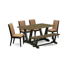 East West Furniture V676LA147-6 6-Piece Awesome kitchen table set a Great Distressed Jacobean dining table Top and Distressed Jacobean Dining Bench and 4 Attractive Linen Fabric Kitchen Parson Chairs