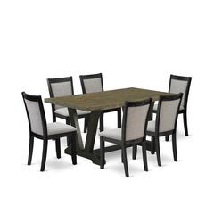 V676MZ606-7 7 Pc Dinette Set - Distressed Jacobean Wood Table with 6 Shitake Kitchen Chairs - Wire Brushed Black Finish