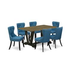East West Furniture V676SI121-7 7-Pc Dinette Room Set- 6 Dining Padded Chairs with Blue Linen Fabric Seat and Button Tufted Chair Back - Rectangular Table Top & Wooden Legs - Distressed Jacobean and B