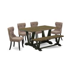 East West Furniture V676SI648-6 6-Piece Kitchen Dining Room Set- 4 Kitchen Parson Chairs with Coffee Linen Fabric Seat and Button Tufted Chair Back - Rectangular Top & Wooden Legs Wood Kitchen Table a