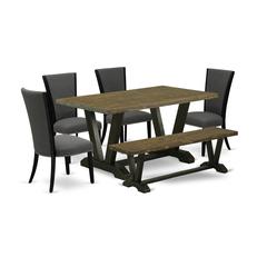 East West Furniture V676VE650-6 6 Piece Mid Century Dining Set - 4 Dark Gotham Grey Linen Fabric Kitchen Chairs with Nailheads and Distressed Jacobean Dinner Table - 1 Wood Bench - Black Finish