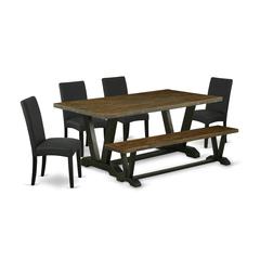 East West Furniture V677DR124-6 6-Piece Dining Table Set- 4 Dining Room Chairs with Black Linen Fabric Seat and Stylish Chair Back - Rectangular Top & Wooden Legs Dining Room Table and Dining Bench -