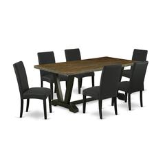 East West Furniture V677DR124-7 7-Piece Dining Room Set- 6 Parson Dining Room Chairs with Black Linen Fabric Seat and Stylish Chair Back - Rectangular Table Top & Wooden Legs - Distressed Jacobean and
