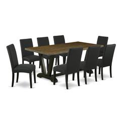 East West Furniture V677DR124-9 9-Piece Modern Dining Table Set- 8 Parson Chairs with Black Linen Fabric Seat and Stylish Chair Back - Rectangular Table Top & Wooden Legs - Distressed Jacobean and Bla