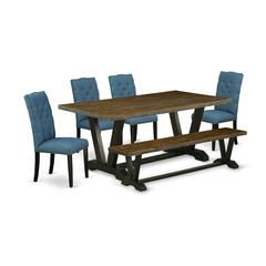 East West Furniture V677EL121-6 6-Piece Gorgeous Modern Dining Table Set a Good Distressed Jacobean Rectangular Dining Table Top and Distressed Jacobean Indoor Bench and 4 Lovely Linen Fabric Dining C
