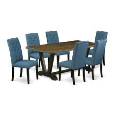 East West Furniture V677EL121-7 7-Piece Beautiful a Great Distressed Jacobean Rectangular Dining Table Top and 6 Wonderful Linen Fabric Dining Chairs with Nail Heads and Button Tufted Chair Back, Wire