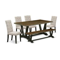 East West Furniture 6-Pc Wooden Dining Table Set-Doeskin Linen Fabric Seat and Button Tufted Chair Back Parson chairs, A Rectangular Bench and Rectangular Top dining room table with Wood Legs - Distre