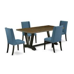 East West Furniture V677FL121-5 5-Piece Awesome kitchen table set an Excellent Distressed Jacobean dining table Top and 4 Stunning Linen Fabric Dining Chairs with Nail Heads and Stylish Chair Back, Wi