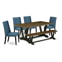 East West Furniture V677FL121-6 6-Piece Amazing Rectangular Dining Room Table Set a Good Distressed Jacobean Dining Table Top and Distressed Jacobean Dining Bench and 4 Lovely Linen Fabric Parson Chai
