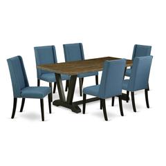 East West Furniture V677FL121-7 7-Piece Beautiful Rectangular Dining Room Table Set a Good Distressed Jacobean Kitchen Rectangular Table Top and 6 Amazing Linen Fabric Parson Dining Chairs with Nail H