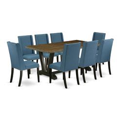 East West Furniture V677FL121-9 9-Piece Amazing Dining Table Set an Excellent Distressed Jacobean Kitchen Rectangular Table Top and 8 Awesome Linen Fabric Parson Chairs with Nail Heads and Stylish Cha