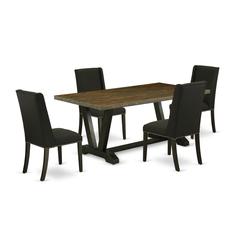 East West Furniture 5-Pc  Included 4 Dining chairs Upholstered Nails Head Seat and Stylish Chair Back and Rectangular Dining Table with Distressed Jacobean Dining Table Top - Black Finish
