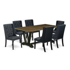 East West Furniture V677FO624-7 7 Piece Dining Table Set - 6 Black Linen Fabric Kitchen Chairs Button Tufted with Nail heads and Distressed Jacobean Dining Room Table - Wire Brush Black Finish