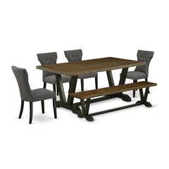 East West Furniture 6-Piece Modern Dining Table Set-Dark Gotham Grey Linen Fabric Seat and Button Tufted Chair Back Upholstered Dining chairs, A Rectangular Bench and Rectangular Top Wood Dining Table