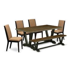 East West Furniture V677LA147-6 6-Piece Stylish Dining Room Table Set a Superb Distressed Jacobean dining table Top and Distressed Jacobean Indoor Bench and 4 Lovely Linen Fabric Padded Parson Chairs