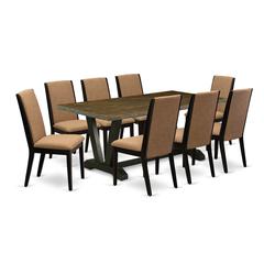 East West Furniture V677LA147-9 9-Piece Awesome Dinette Set a Superb Cement Color Kitchen Rectangular Table Top and 8 Amazing Linen Fabric Dining Chairs with Stylish Chair Back, Wire Brushed Black Fin