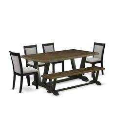 East West Furniture 6 Pc Dining Table Set - Distressed Jacobean Top Dinner Table with a Bench and 4 Shitake Linen Fabric Parson Chairs - Wire Brushed Black Finish