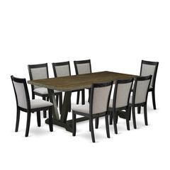 East West Furniture 9 Piece Kitchen Table Set - A Distressed Jacobean Top Wood Table with Trestle Base and 8 Shitake Linen Fabric Modern Dining Chairs - Wire Brushed Black Finish
