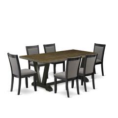 East West Furniture 7 Pc Dining Table Set - Distressed Jacobean Top Dining Table with Trestle Base and 6 Dark Gotham Grey Linen Fabric Dining Chairs - Wire Brushed Black Finish