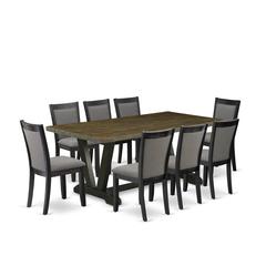 East West Furniture 9 Piece Table Set - Distressed Jacobean Top Wood Table with Trestle Base and 8 Dark Gotham Grey Linen Fabric Parson Chairs - Wire Brushed Black Finish