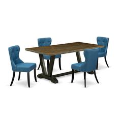 East West Furniture V677SI121-5 5-Pc Dining Room Table Set- 4 Dining Chairs with Blue Linen Fabric Seat and Button Tufted Chair Back - Rectangular Table Top & Wooden Legs - Distressed Jacobean and Bla