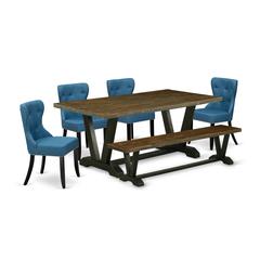 East West Furniture V677SI121-6 6-Pc Kitchen Dining Set- 4 Mid Century Dining Chairs with Blue Linen Fabric Seat and Button Tufted Chair Back - Rectangular Top & Wooden Legs Wood Kitchen table and din