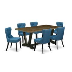 East West Furniture V677SI121-7 7-Piece Modern Dining Table Set- 6 Dining Padded Chairs with Blue Linen Fabric Seat and Button Tufted Chair Back - Rectangular Table Top & Wooden Legs - Distressed Jaco