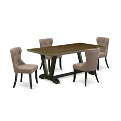 East West Furniture V677SI648-5 5-Pc Dining Room Table Set- 4 Upholstered Dining Chairs with Coffee Linen Fabric Seat and Button Tufted Chair Back - Rectangular Table Top & Wooden Legs - Distressed Ja
