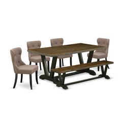 East West Furniture V677SI648-6 6-Pc Dining Table Set- 4 Dining Chairs with Coffee Linen Fabric Seat and Button Tufted Chair Back - Rectangular Top & Wooden Legs Dining Table and Indoor Bench - Distre
