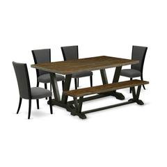 East West Furniture V677VE650-6 6 Piece Kitchen Table Set - 4 Dark Gotham Grey Linen Fabric Comfortable Chair with Nailheads and Distressed Jacobean Kitchen Table - 1 Dining Bench - Black Finish