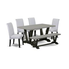 East West Furniture 6 Piece Dining Room Table Set Includes a Cement Dining Table and a Dining Room Bench, 4 Grey Linen Fabric Parsons Chairs with High Back - Wire Brushed Black Finish