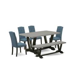 East West Furniture 6 Pc Table Set Consists of a Cement Kitchen Table and a Dining Room Bench, 4 Blue Linen Fabric Modern Dining Chairs with Button Tufted Back - Wire Brushed Black Finish