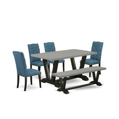 East West Furniture 6-Piece Amazing Dinette Set an Outstanding Cement Color Wood Dining Table Top and Cement Color Bench and 4 Excellent Linen Fabric Kitchen Chairs with Nail Heads and Button Tufted C