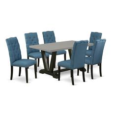 East West Furniture 7-Piece Beautiful Rectangular Dining Room Table Set a Great Cement Color Modern Dining Table Top and 6 Beautiful Linen Fabric Parson Dining Room Chairs with Nail Heads and Button T