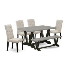 East West Furniture 6-Pc Dining Set-Doeskin Linen Fabric Seat and Button Tufted Chair Back Parson chairs, A Rectangular Bench and Rectangular Top Dining room Table with Hardwood Legs - Cement and Wire