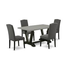 East West Furniture V696EN120-5 5-Pc Dinette Room Set - 4 Kitchen Chairs and 1 Modern Rectangular Cement Wood Dining Table with High Stylish Chair Back - Wire Brushed Black Finish
