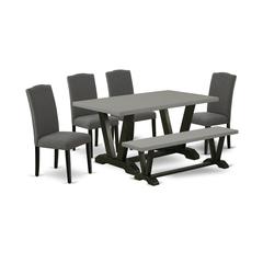 East West Furniture V696EN120-6 6-Pc Dinette Set - 4 Kitchen Chairs, a Dining Bench Cement Top and 1 Cement Kitchen Dining Table Top with High Stylish Chair Back - Wire Brushed Black Finish