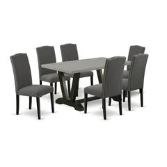 East West Furniture V696EN120-7 7-Pc Dining Room Set - 6 Dining Room Chairs and 1 Modern Rectangular Cement Dining Room Table with High Stylish Chair Back - Wire Brushed Black Finish