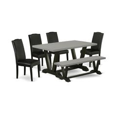 East West Furniture V696EN169-6 6-Pc Dining Table Set - 4 Parson Chairs, a Dining Bench Cement Top and 1 Cement Dining Table Top with High Stylish Chair Back - Wire Brushed Black Finish