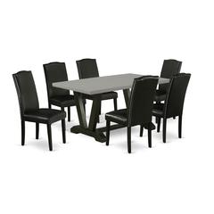 East West Furniture V696EN169-7 7-Pc Dining Room Table Set - 6 Dining Chairs and 1 Modern Rectangular Cement Dining Table with High Stylish Chair Back - Wire Brushed Black Finish