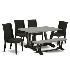 East West Furniture 6-Pc Dinette Table Set-Black Linen Fabric Seat and Button Tufted Chair Back Upholstered Dining chairs, A Rectangular Bench and Rectangular Top Wood Kitchen Table with Wood Legs - C