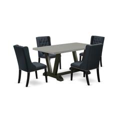East West Furniture V696FO624-5 5 Piece Dining Room Set Consists of 4 Black Linen Fabric Padded Chair Button Tufted with Nailheads and Cement Dining Table - Wire Brush Black Finish