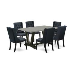 East West Furniture V696FO624-7 7 Piece Dining Room Set - 6 Black Linen Fabric Dining Room Chairs Button Tufted with Nail heads and Cement Dining Room Table - Wire Brush Black Finish