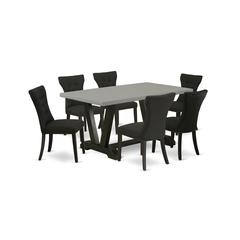 East West Furniture 7 Piece Dining Room Table Set Consists of a Cement Wood Dining Table and 6 Black Linen Fabric Modern Dining Chairs with Button Tufted Back - Wire Brushed Black Finish