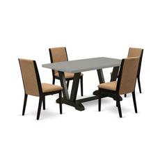 East West Furniture V696LA147-5 5-Piece Awesome Dining Room Table Set a Good Cement Color Wood Dining Table Top and 4 Awesome Linen Fabric Parson Chairs with Stylish Chair Back, Wire Brushed Black Fin