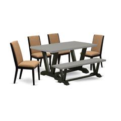 East West Furniture V696LA147-6 6-Piece Beautiful Rectangular Dining Room Table Set a Superb Cement Color dining table Top and Cement Color Wood Bench and 4 Wonderful Linen Fabric Parson Dining Room C