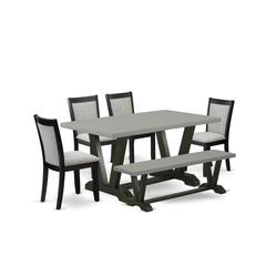 East West Furniture 6 Pc Kitchen Table Set - A Cement Top Dining Room Table with Wooden Bench and 4 Shitake Linen Fabric Upholstered Parson Chairs - Wire Brushed Black Finish
